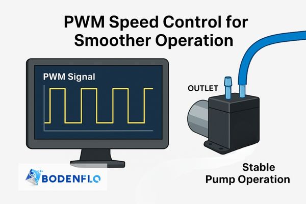 A computer screen showing a PWM signal graph next to a pump running smoothly at a controlled speed