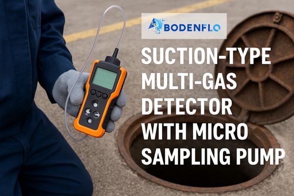 Worker using a suction-type multi-gas detector with an integrated micro gas pump to test a confined space manhole.