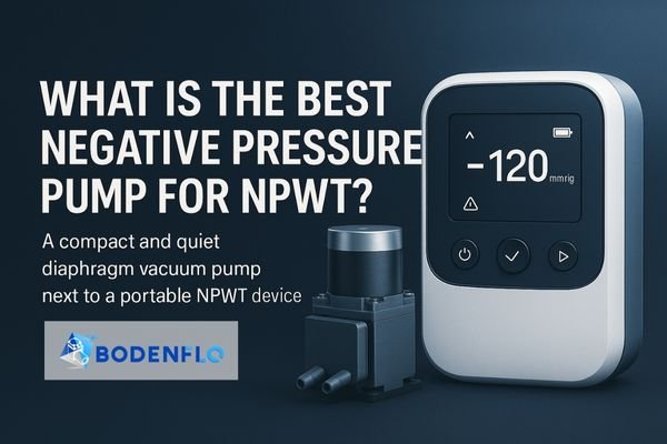 Compact diaphragm vacuum pump and portable NPWT device with -120 mmHg display, highlighting optimal negative pressure for wound therapy
