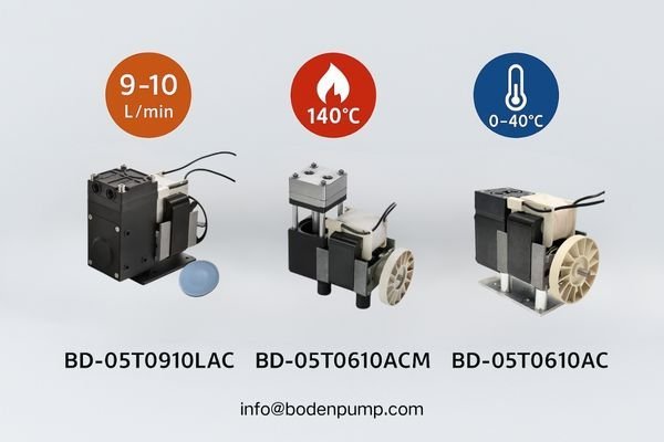 Three AC powered diaphragm pumps shown side-by-side with callouts for flow and temperature