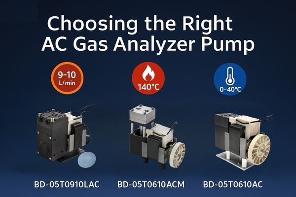 Three BODENFLO AC gas analyzer pumps BD-05T0910LAC, BD-05T0610ACM, and BD-05T0610AC shown side by side with flow rate and temperature icons, cover design.