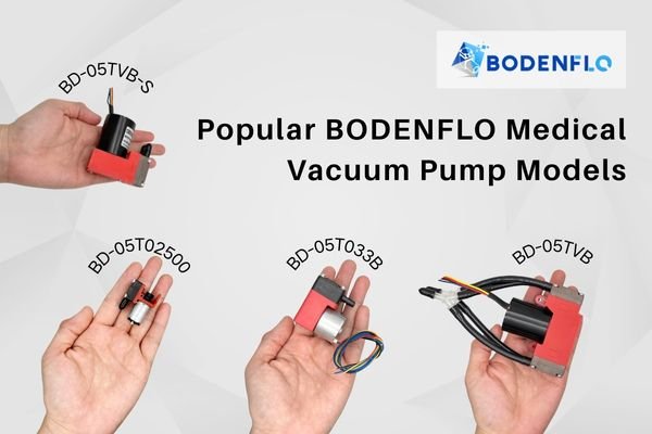 A product shot showcasing four of BODENFLO's best-selling miniature medical vacuum pumps