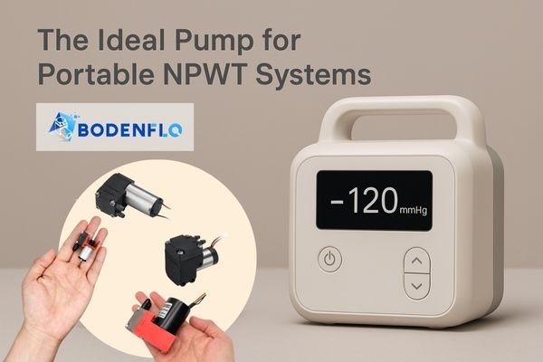 A compact and quiet diaphragm vacuum pump next to a modern, portable NPWT device