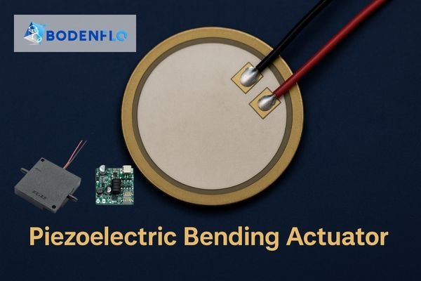 A close-up of a piezoelectric bender element with electrical contacts