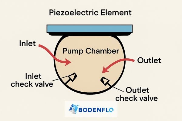 A diagram showing the pump chamber with inlet and outlet check valves