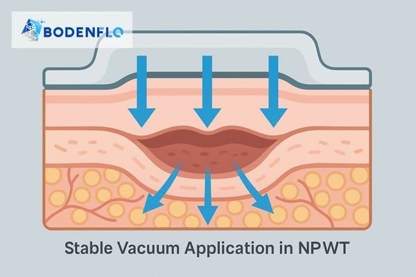A cross-section of a wound dressing showing arrows for stable, consistent negative pressure being applied
