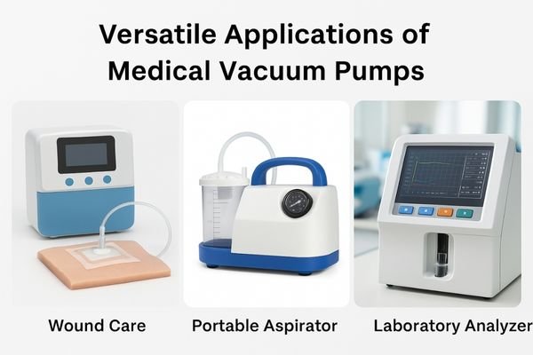 A collage of different medical devices: a wound care unit, a portable aspirator, and a lab analyzer