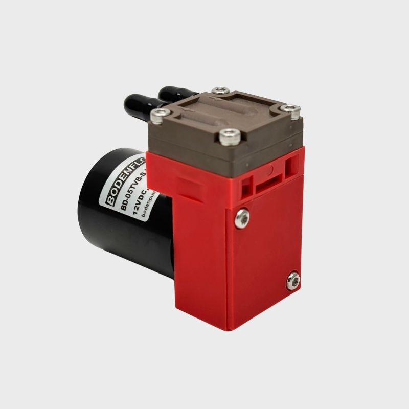 BODENFLO BD-05TVB-S brushless micro vacuum pump with red housing and dual port head, designed for precision laboratory automation.