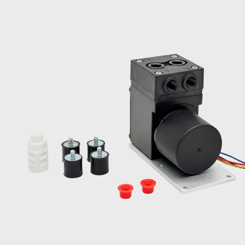 BODENFLO BD-05T067L high-vacuum diaphragm pump with mounting accessories and silencers for medical and analytical applications.