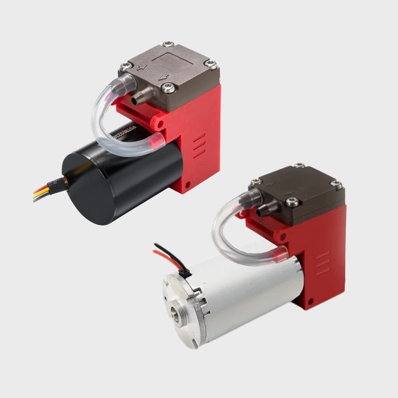 Red-cased BD-05TR5L and BD-05TR5LB micro diaphragm pumps showing 12V and 24V brushless configurations for medical and industrial use.