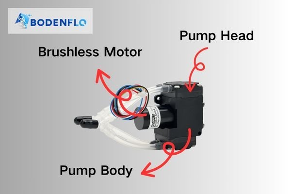 An exploded view of a brushless diaphragm pump, highlighting the motor and diaphragm components with sleek call-out lines.