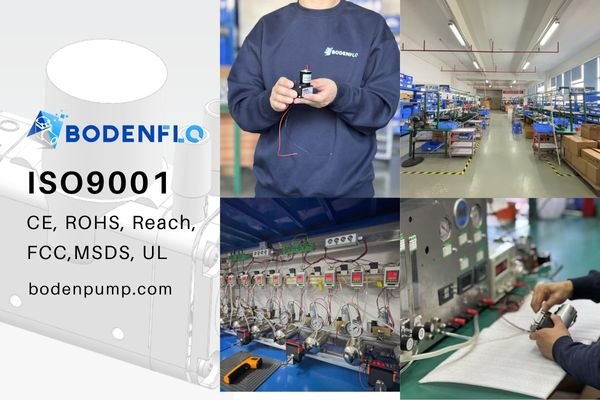 An image of the BODENFLO factory with ISO 9001 and CE certification logos prominently displayed.