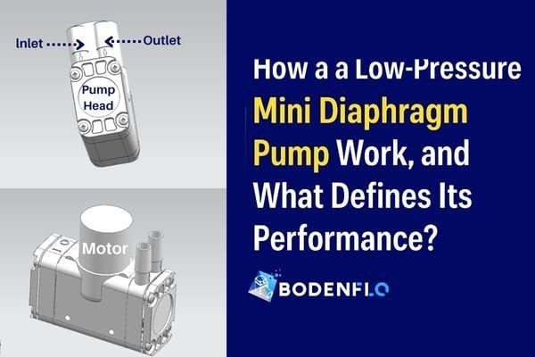 Cover image showing a labeled BODENFLO low-pressure mini diaphragm pump with inlet, outlet, and motor, alongside the article title.