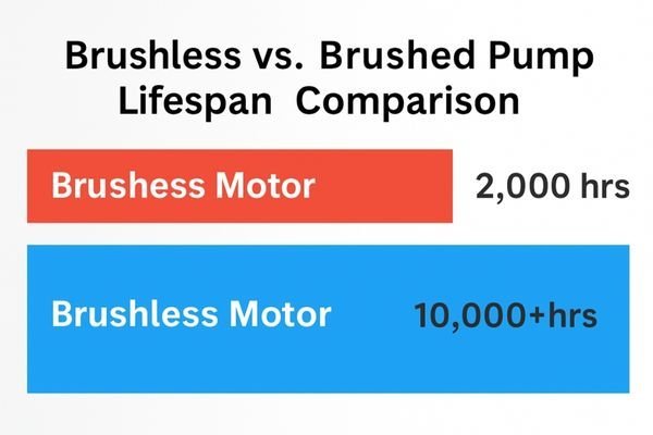 A timeline graphic showing a short bar for a brushed motor's lifespan (2,000 hrs) next to a very long bar for a brushless motor's lifespan (10,000+ hrs).