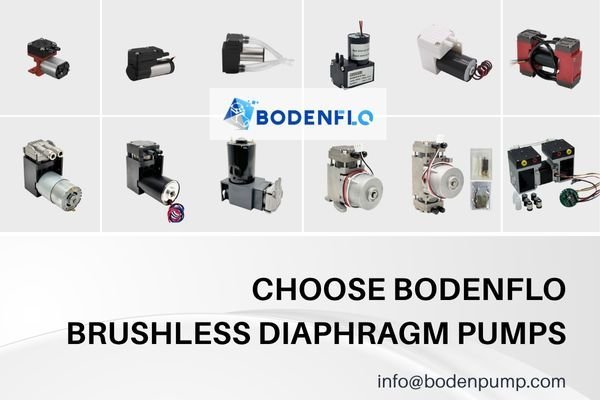 An infographic showing different applications (medical, lab, portable) with lines pointing to the recommended BODENFLO pump models from the table below.