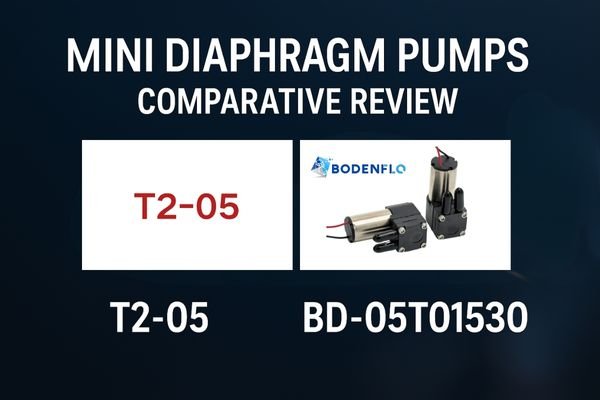 Professional comparison cover showing BODENFLO BD-05T01530 and T2-05 mini diaphragm pumps on a dark blue background.