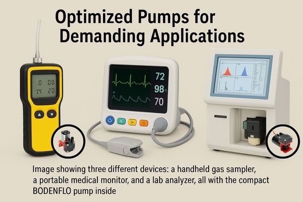 An image showing three different devices: a handheld gas sampler, a portable medical monitor, and a lab analyzer, all with the compact BODENFLO pump inside.