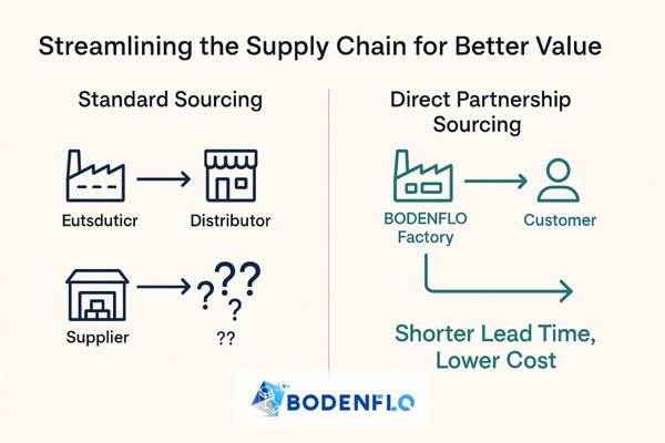A simple diagram showing a complex supply chain with multiple steps vs. a direct line from the BODENFLO factory to the customer, labeled