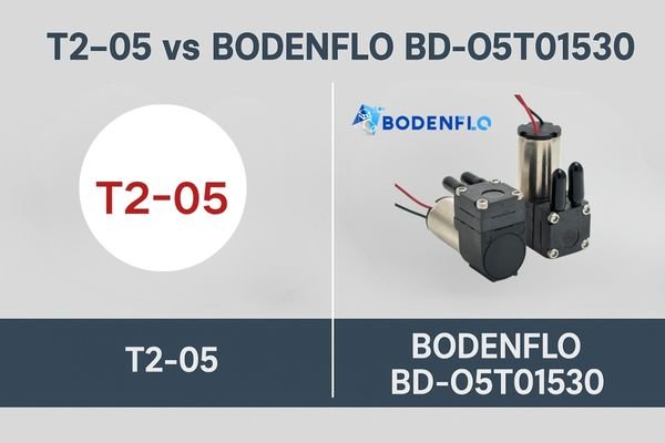 A side-by-side comparison image of the T2-05 micro pump and the BODENFLO BD-O5T01530 micro pump