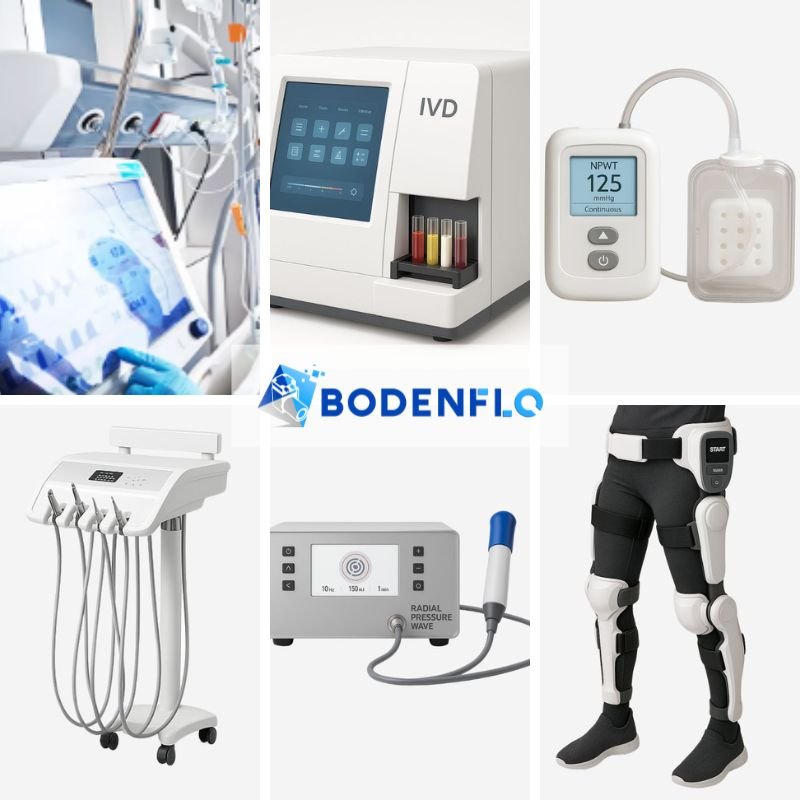 Infographic of typical applications for BODENFLO micro diaphragm pumps — NPWT, IVD analyzers, dental units, aesthetic devices, oxygen systems, rehabilitation, and laboratory instruments.