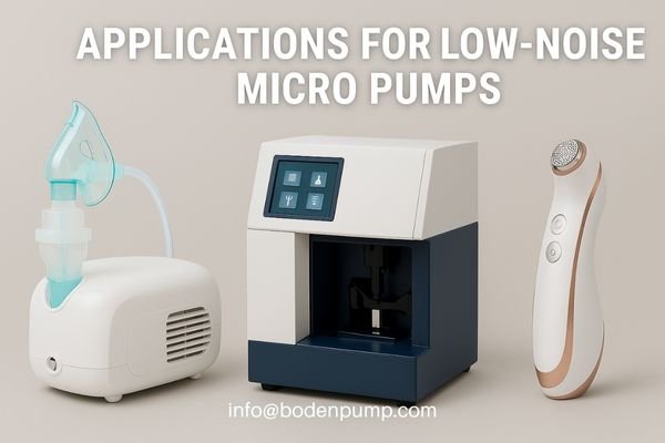 A collage of devices that require low-noise pumps: a medical nebulizer, a lab analyzer, and a beauty device