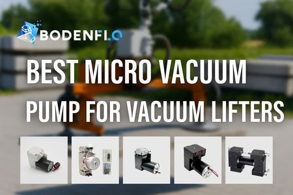 Industrial vacuum lifter with multiple suction cups using a BODENFLO micro vacuum pump to lift a heavy stone slab outdoors.