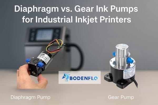 An image showing a diaphragm pump and a gear pump side-by-side with an industrial inkjet printer in the background