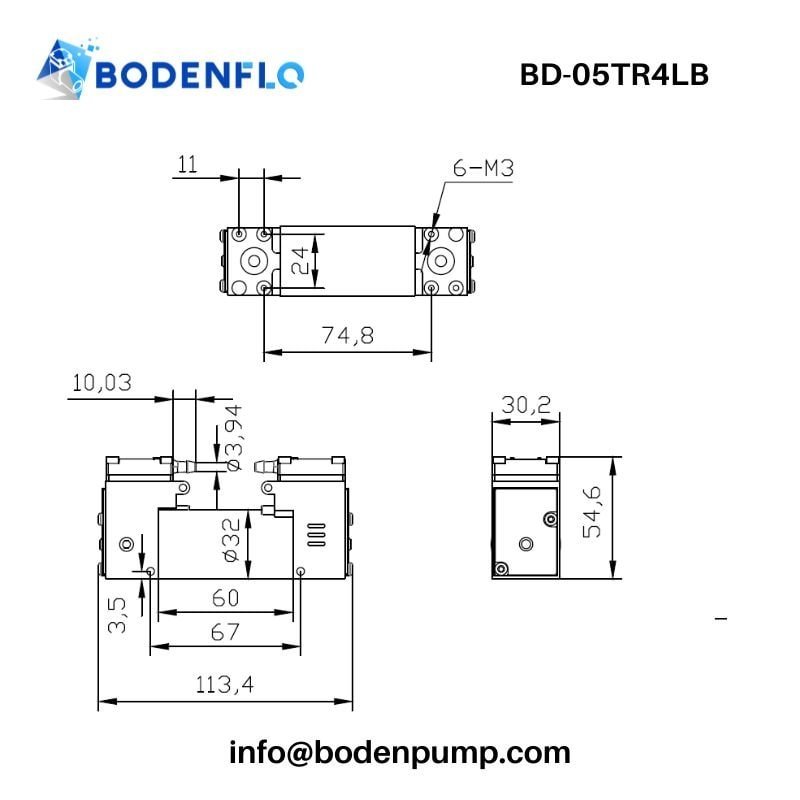 Dimensions and mounting drawing of brushless double-head piston compressor – BD-05TR4LB