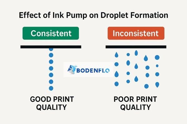 A diagram illustrating consistent vs. inconsistent ink droplet formation leading to poor print quality