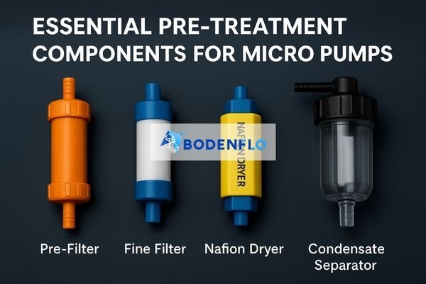 An organized layout of different pre-treatment components: filters, a Nafion dryer, and a condensate separator