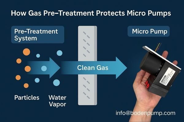 A diagram illustrating particles and water vapor being blocked by a pre-treatment system before reaching the micro pump