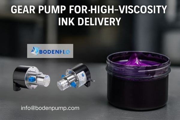 Image of a gear pump connected to an ink reservoir with thick, viscous ink