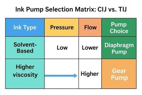A detailed matrix table comparing pump choice against ink type, pressure, and flow