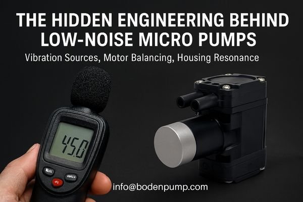 Handheld sound level meter showing 45 dB next to a low-noise micro diaphragm pump for engineering analysis.