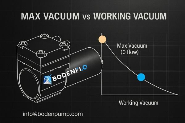 Technical illustration showing the difference between max vacuum and working vacuum for a micro diaphragm pump, with a P-Q performance curve and engineering-style line drawing.