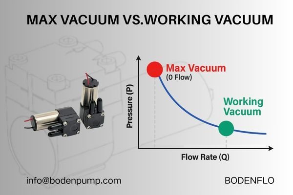 An image showing the difference between a pump's 'Max Vacuum' point (at zero flow) and the 'Working Vacuum' point (in the middle of the P-Q curve)