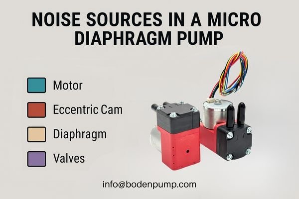 An exploded view of a micro diaphragm pump showing noise sources