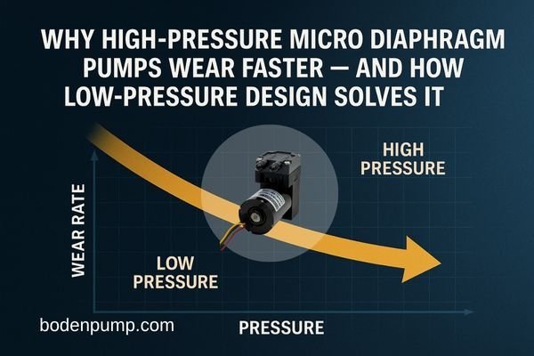 Graph showing how low-pressure operation reduces wear rate in micro diaphragm pumps, illustrating the relationship between pressure and pump lifespan.