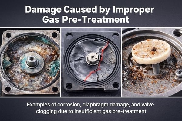 A collage of failure images: a corroded pump chamber, a torn diaphragm, and a clogged valve flap