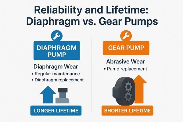 An infographic comparing the lifetime and maintenance cycles of diaphragm vs. gear pumps