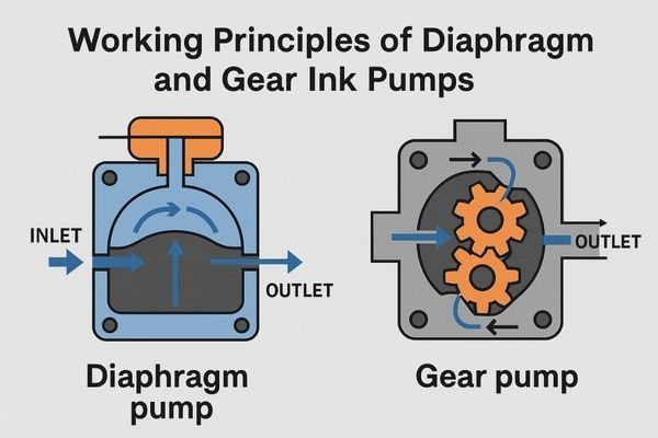 A simplified animation or diagram showing the internal mechanics of a diaphragm pump and a gear pump