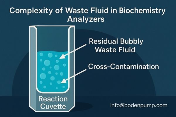 An image showing a close-up of a reaction cuvette with residual bubbly waste fluid, with arrows pointing to the potential for cross-contamination.