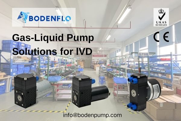 An image showcasing several BODENFLO gas-liquid pumps of different sizes, with a background showing a clean, modern manufacturing facility.