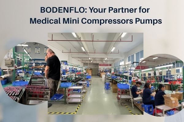 An image showcasing BODENFLO's clean manufacturing facility and an engineer consulting with a medical OEM client.