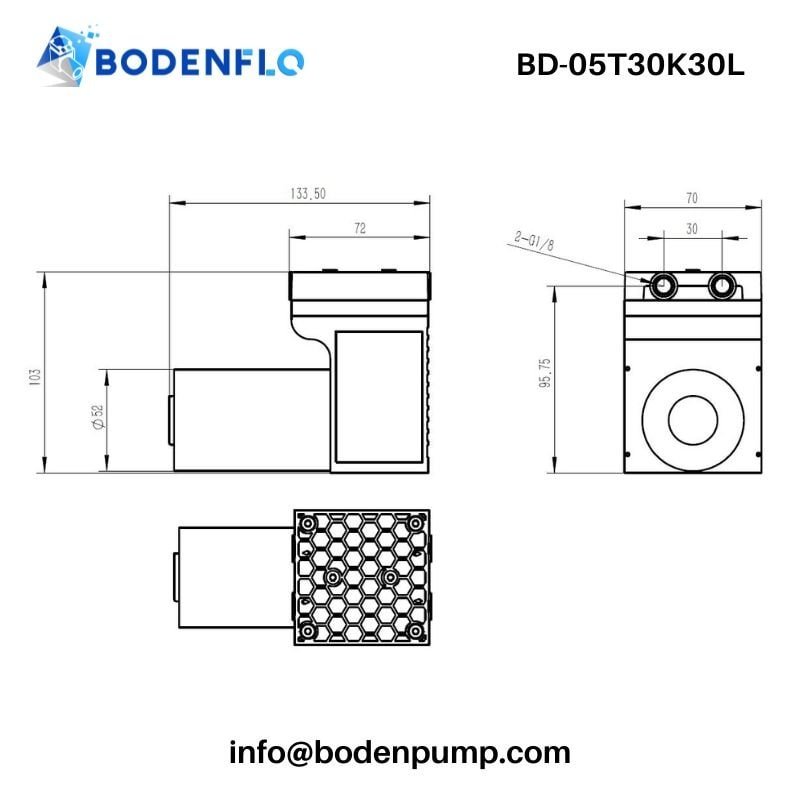 China diaphragm pump dimension drawing for OEM installation layout and port positioning — BD-05T30K30L