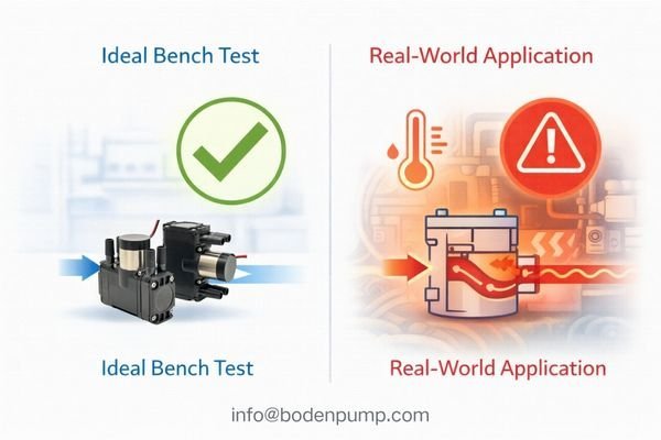Side-by-side comparison: a pump on a clean bench with green checkmarks vs. the same pump inside a complex, hot device with red warning signs.
