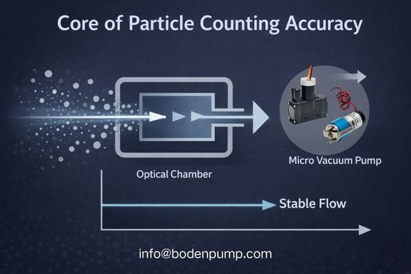 An image showing a cutaway view of a high-tech particle counter, with a glowing highlight on the compact micro diaphragm vacuum pump inside.