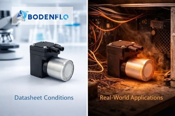 An image showing a pump on a clean lab bench next to the same pump struggling inside a hot, real-world electronics enclosure.