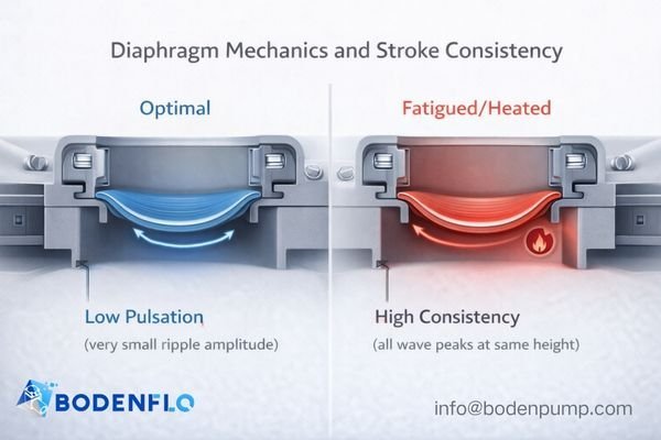A close-up, cross-section animation of a diaphragm flexing, highlighting its elasticity and full return stroke under thermal stress.