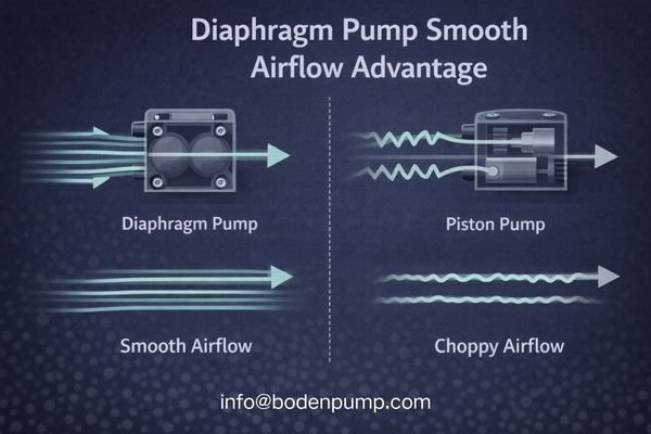 A side-by-side comparison of the smooth airflow from a diaphragm pump versus the choppy airflow from a piston pump.